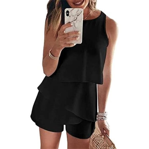 Women's Sleeveless Ruffle Romper Jumpsuit, Black - Picture 1 of 6